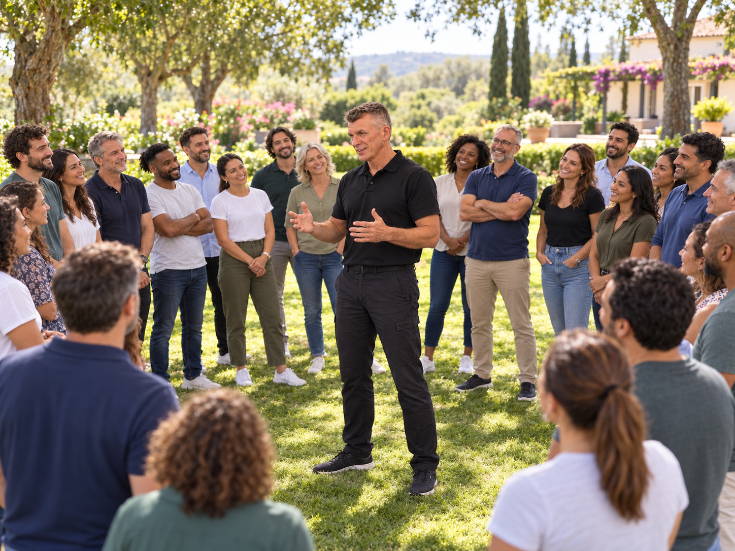 Fernando Suissas com um grupo numa experiência de team building ao ar livre