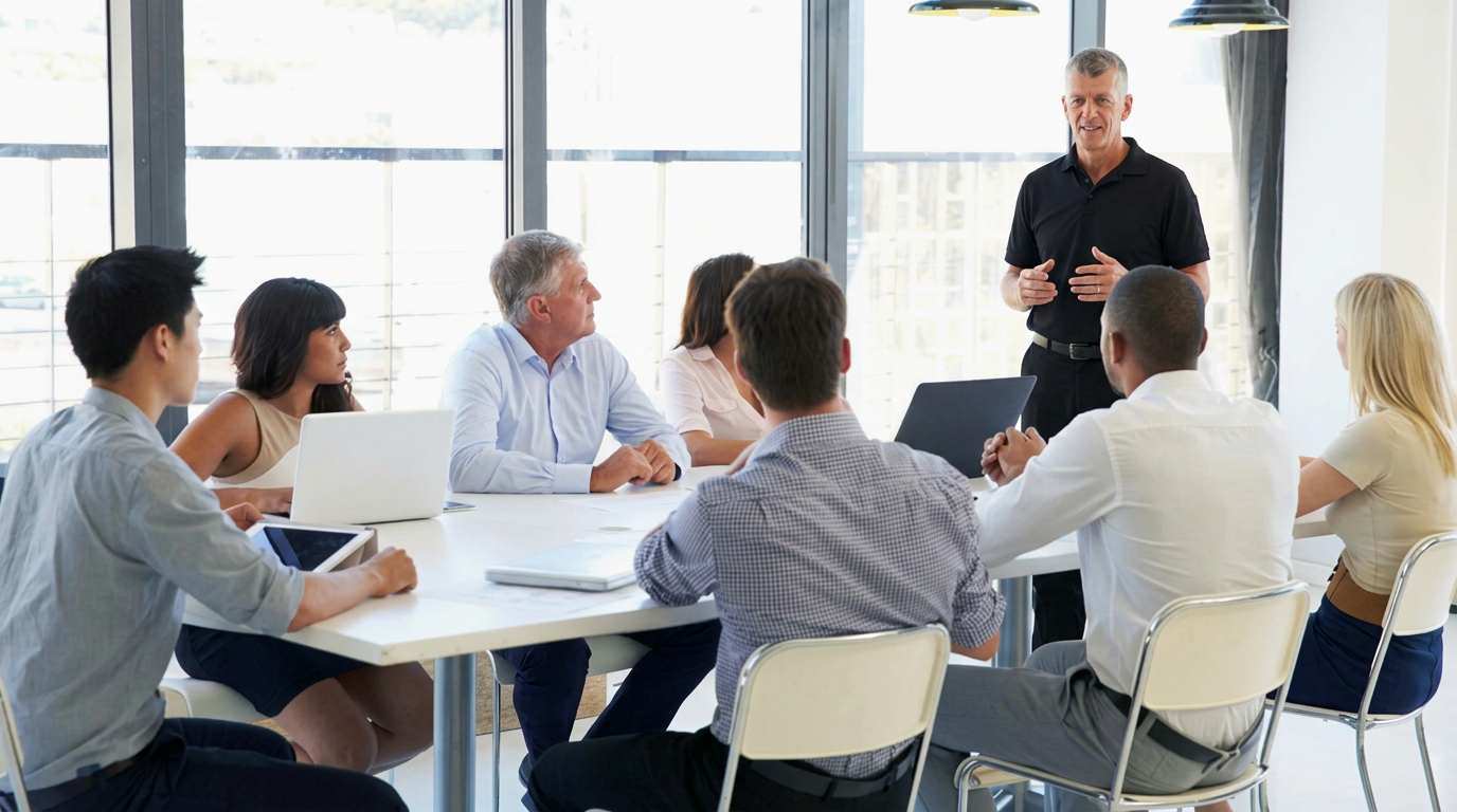 Formador a orientar um grupo de executivos numa sessão de team building em sala