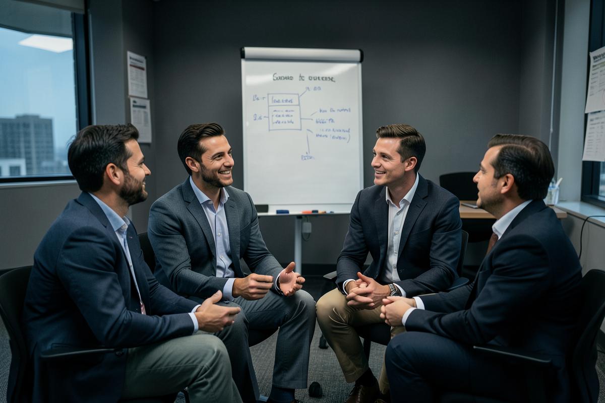 Executivos em sala de formação a debater como aplicar os exercícios ao contexto profissional