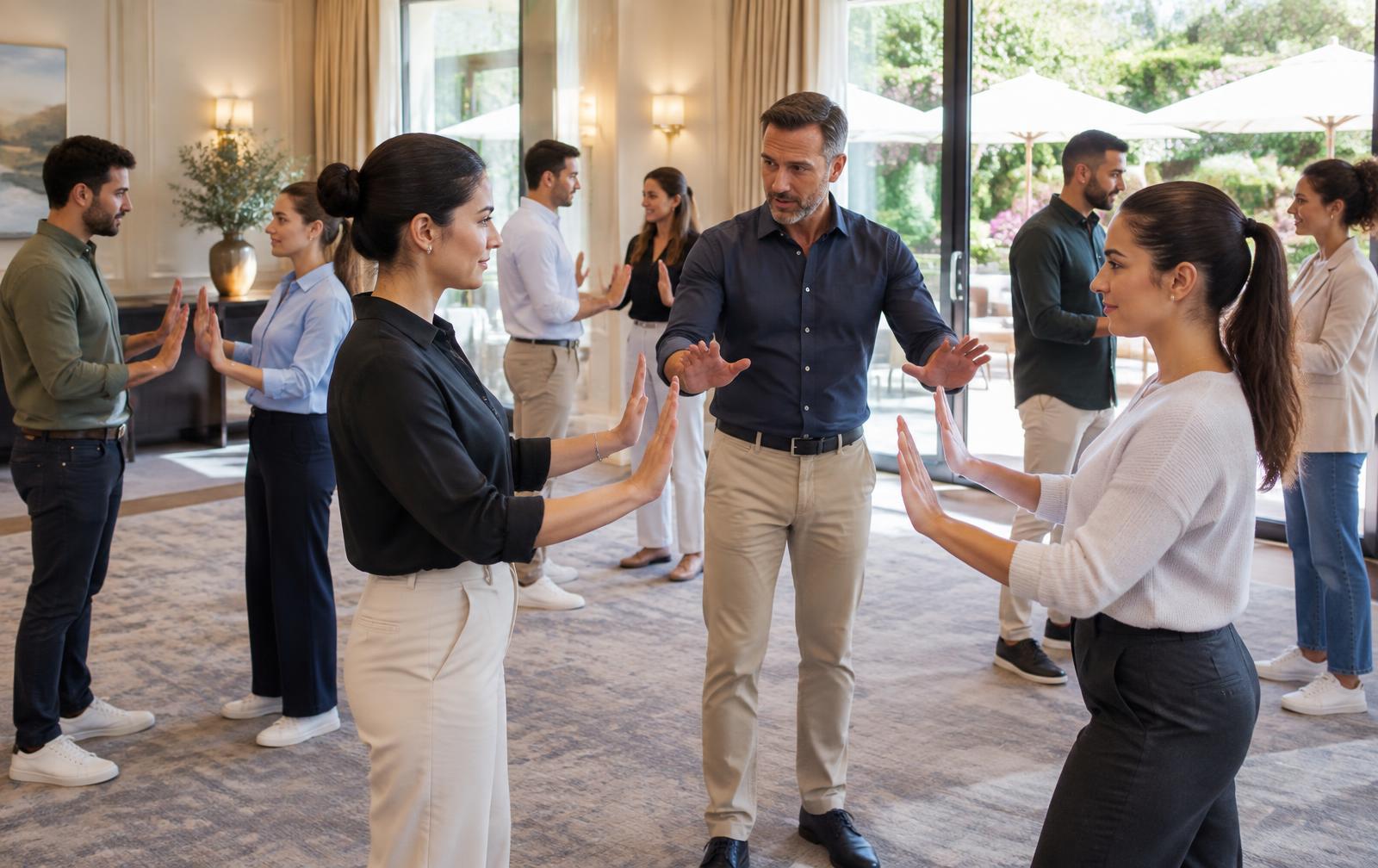 Equipa de hotelaria num exercício de comunicação e definição de limites